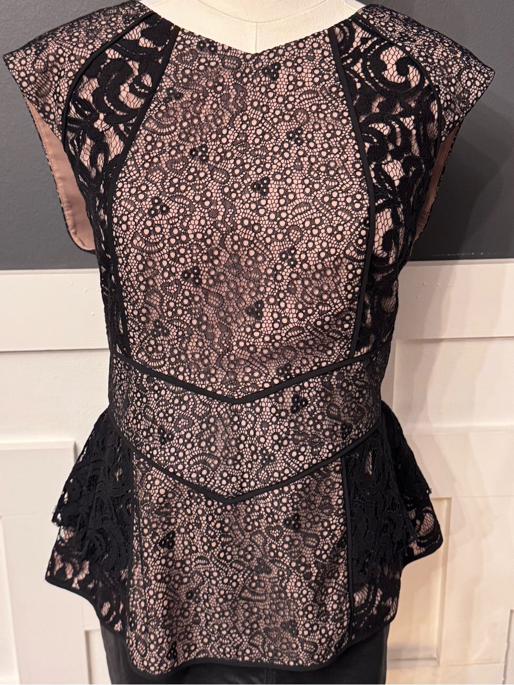BCBGMaxAzria Kayla Black Lace Peplum Top with Blush Underlay